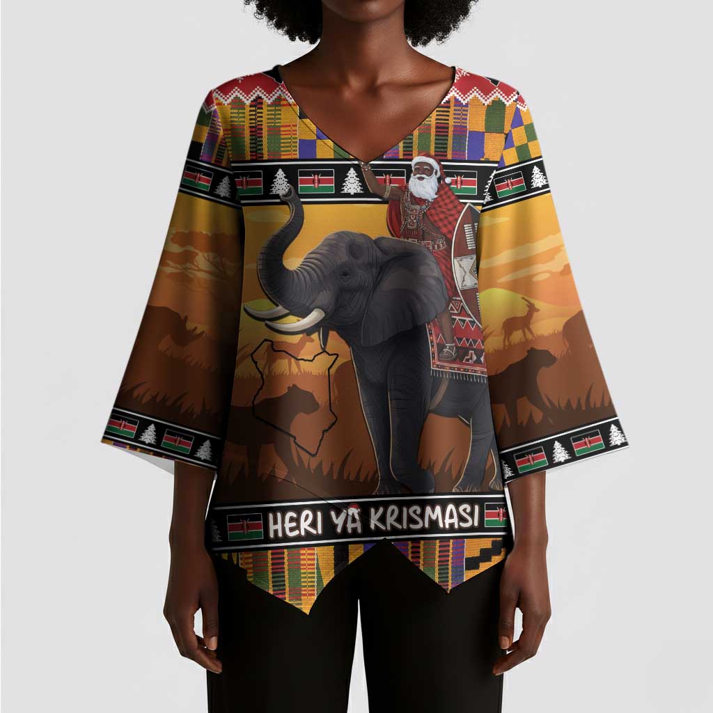 Kenya Safari Christmas Kimono Sleeve Blouse Black Santa Riding Elephant - Heri ya Krismasi