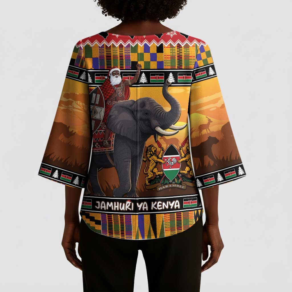 Kenya Safari Christmas Kimono Sleeve Blouse Black Santa Riding Elephant - Heri ya Krismasi