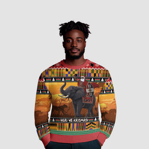Afro Christmas in Kenya Safari Ugly Christmas Sweater Black Santa Riding Elephant - African Pride