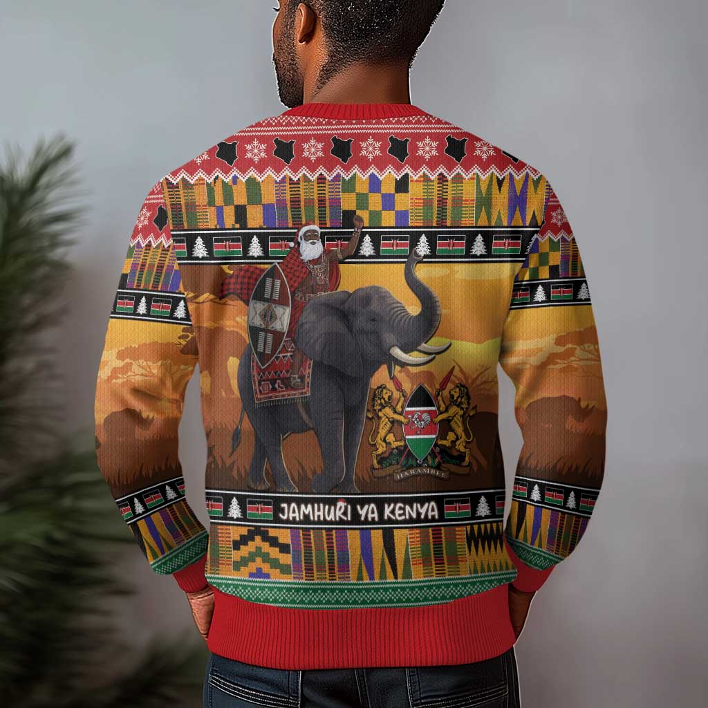 Afro Christmas in Kenya Safari Ugly Christmas Sweater Black Santa Riding Elephant - African Pride