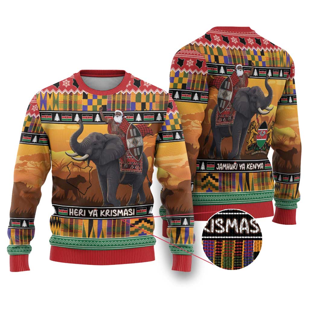 Afro Christmas in Kenya Safari Ugly Christmas Sweater Black Santa Riding Elephant - African Pride