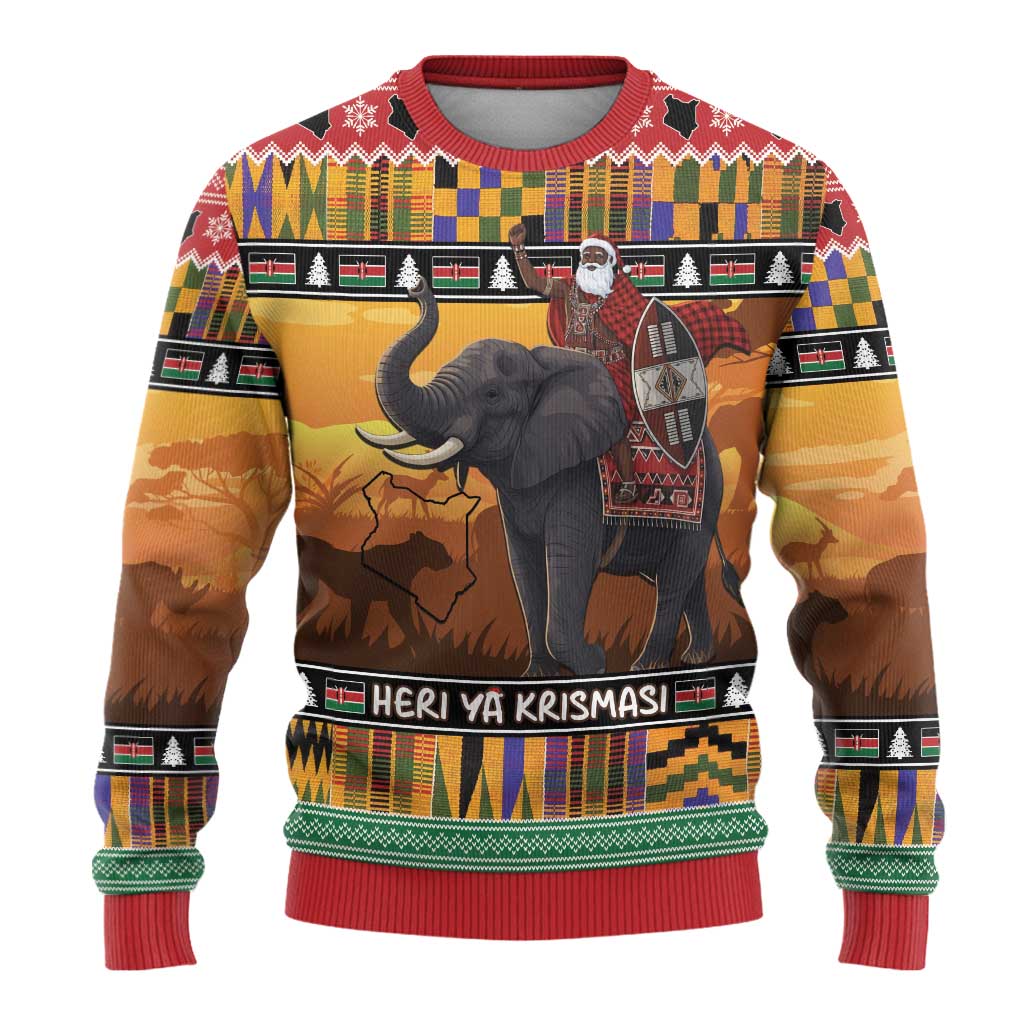 Afro Christmas in Kenya Safari Ugly Christmas Sweater Black Santa Riding Elephant - African Pride