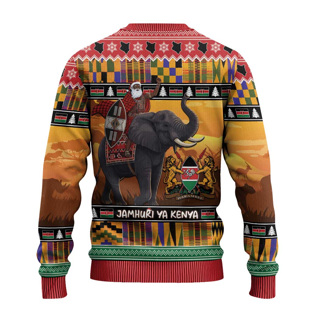 Afro Christmas in Kenya Safari Ugly Christmas Sweater Black Santa Riding Elephant - African Pride