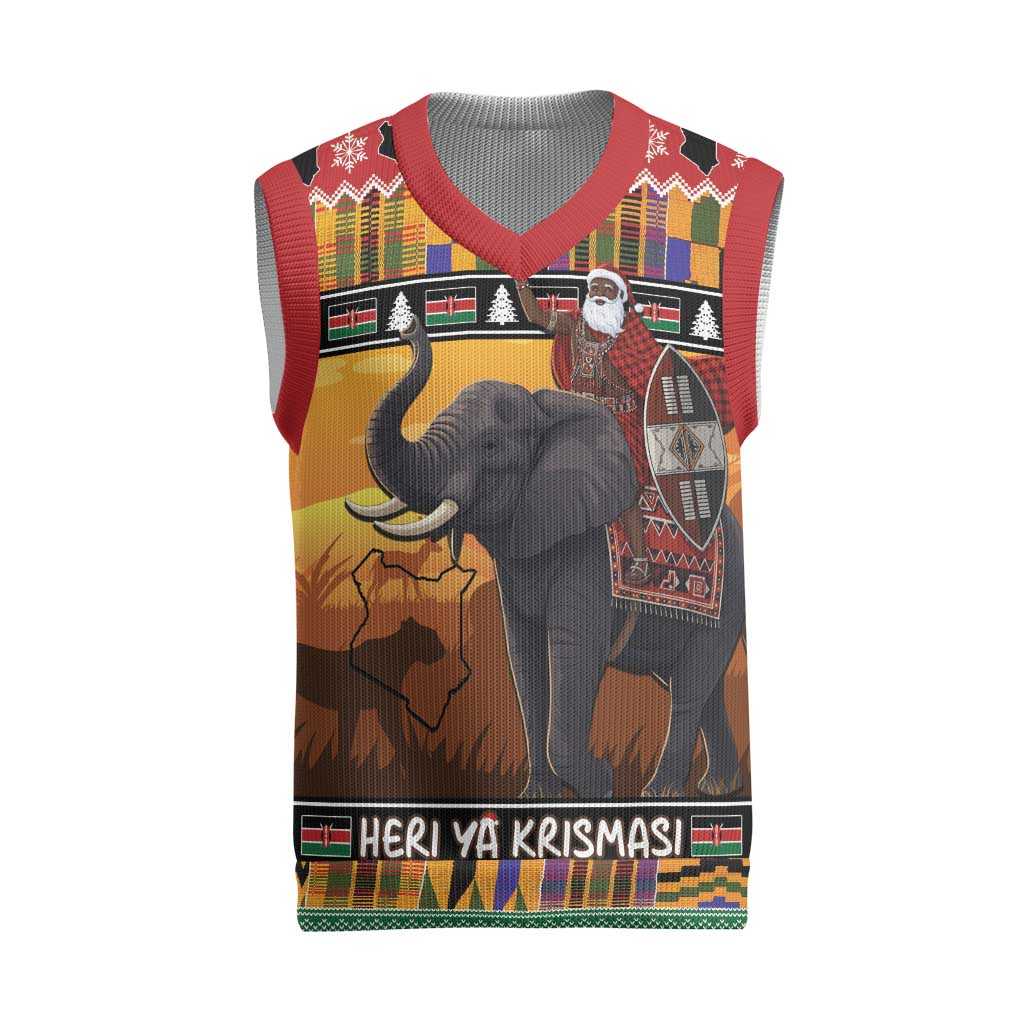 Afro Christmas in Kenya Safari Christmas Knitted V-Neck Vest Black Santa Riding Elephant - African Pride