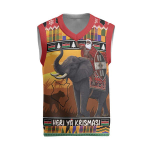 Afro Christmas in Kenya Safari Christmas Knitted V-Neck Vest Black Santa Riding Elephant - African Pride