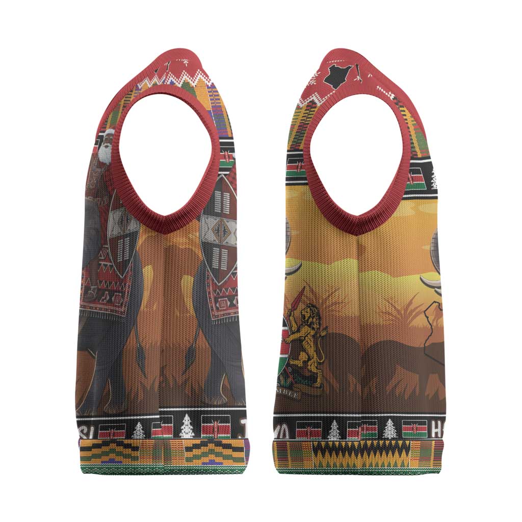 Afro Christmas in Kenya Safari Christmas Knitted V-Neck Vest Black Santa Riding Elephant - African Pride