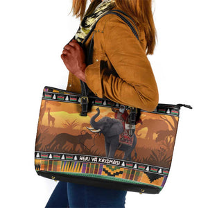 Afro Christmas in Kenya Safari Leather Tote Bag Black Santa Riding Elephant - African Pride