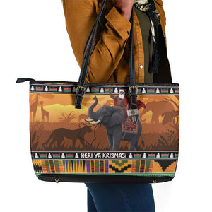 Afro Christmas in Kenya Safari Leather Tote Bag Black Santa Riding Elephant - African Pride