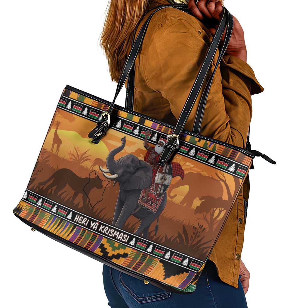 Afro Christmas in Kenya Safari Leather Tote Bag Black Santa Riding Elephant - African Pride