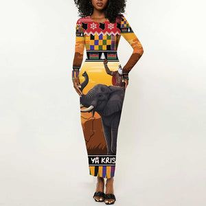 Afro Christmas in Kenya Safari Long Sleeve Bodycon Dress Black Santa Riding Elephant - African Pride