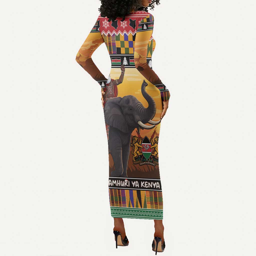 Afro Christmas in Kenya Safari Long Sleeve Bodycon Dress Black Santa Riding Elephant - African Pride