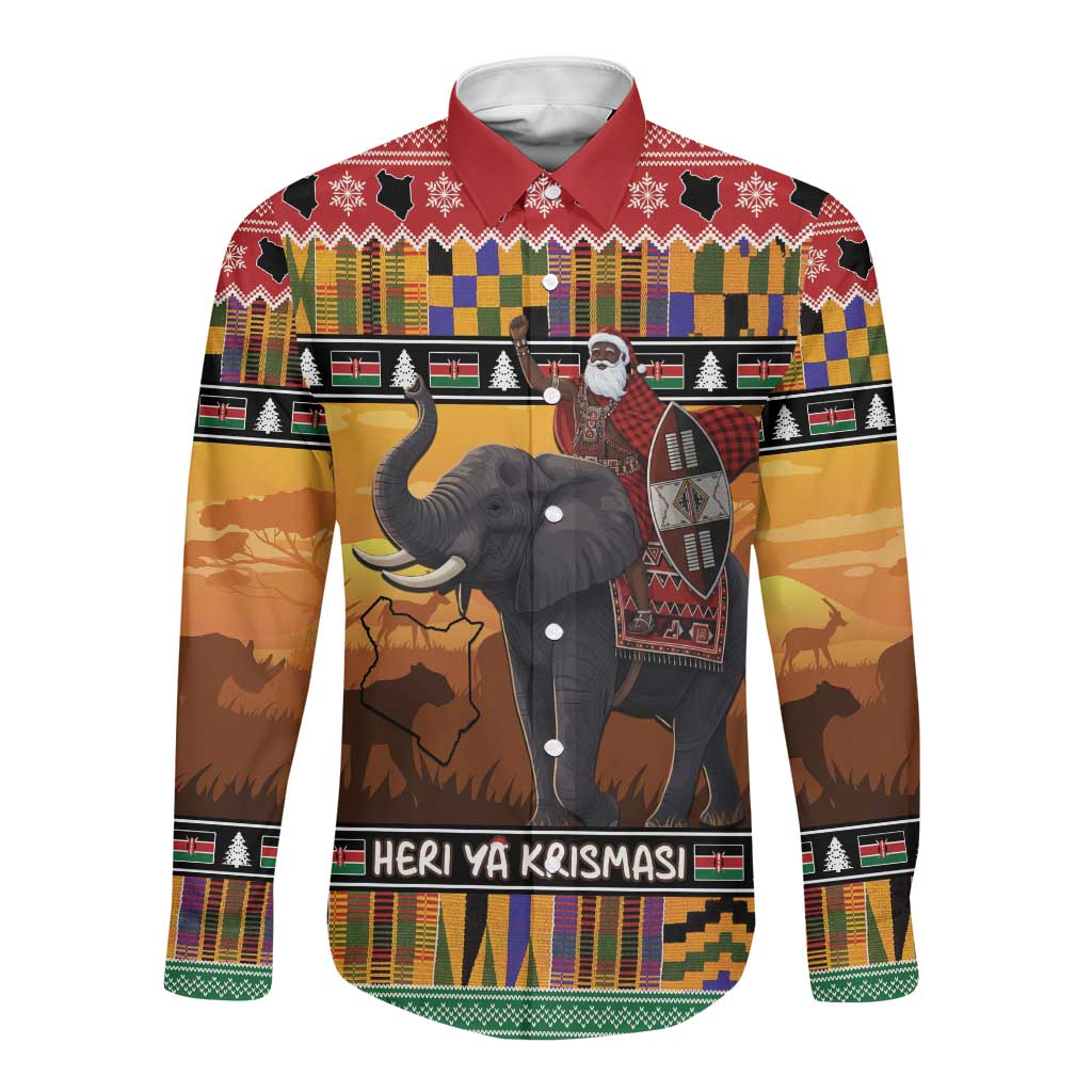 Afro Christmas in Kenya Safari Long Sleeve Button Shirt Black Santa Riding Elephant - African Pride