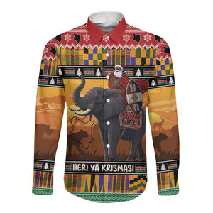 Afro Christmas in Kenya Safari Long Sleeve Button Shirt Black Santa Riding Elephant - African Pride