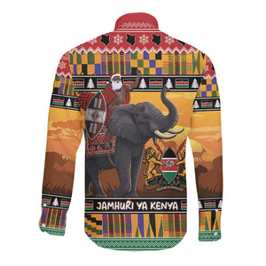 Afro Christmas in Kenya Safari Long Sleeve Button Shirt Black Santa Riding Elephant - African Pride