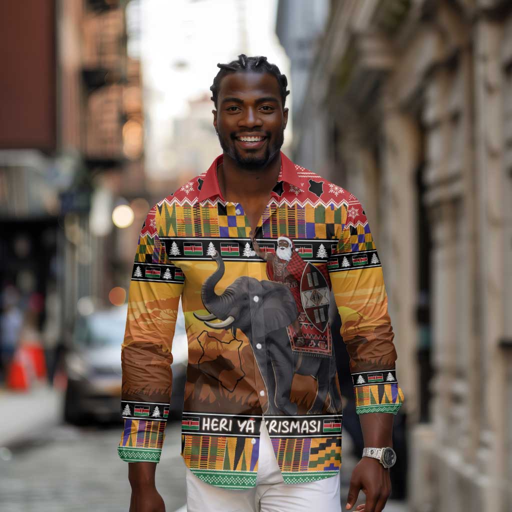 Afro Christmas in Kenya Safari Long Sleeve Button Shirt Black Santa Riding Elephant - African Pride