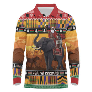 Afro Christmas in Kenya Safari Long Sleeve Polo Shirt Black Santa Riding Elephant - African Pride