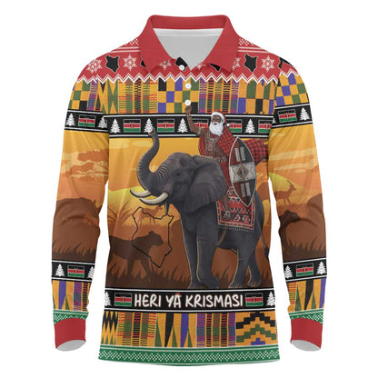 Afro Christmas in Kenya Safari Long Sleeve Polo Shirt Black Santa Riding Elephant - African Pride