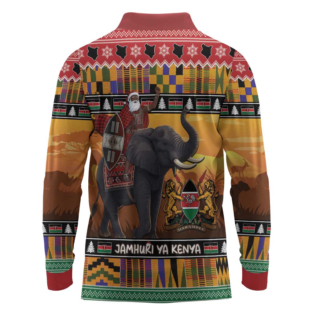 Afro Christmas in Kenya Safari Long Sleeve Polo Shirt Black Santa Riding Elephant - African Pride