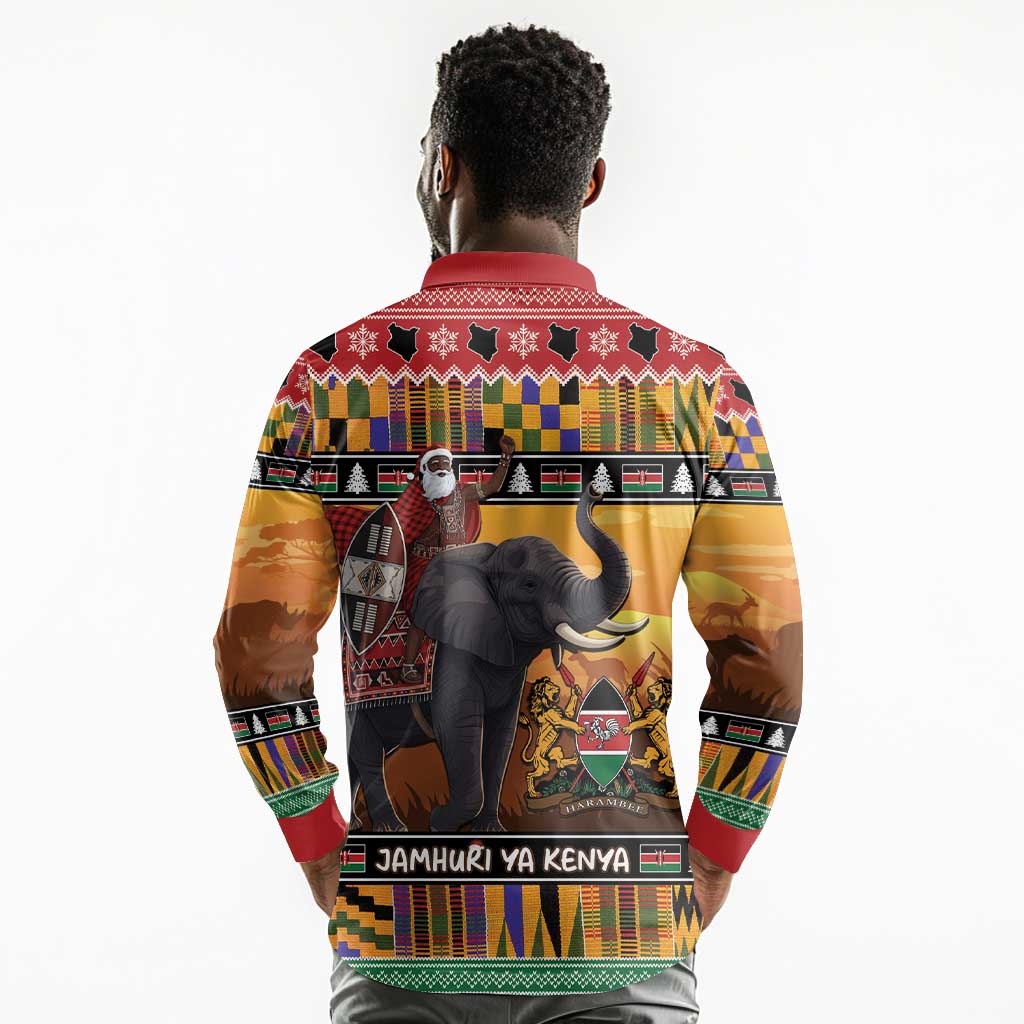 Afro Christmas in Kenya Safari Long Sleeve Polo Shirt Black Santa Riding Elephant - African Pride