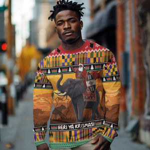 Afro Christmas in Kenya Safari Long Sleeve Shirt Black Santa Riding Elephant - African Pride