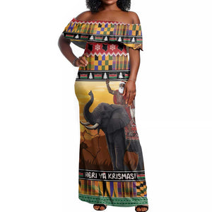Afro Christmas in Kenya Safari Off Shoulder Maxi Dress Black Santa Riding Elephant - African Pride