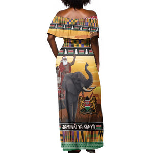 Afro Christmas in Kenya Safari Off Shoulder Maxi Dress Black Santa Riding Elephant - African Pride