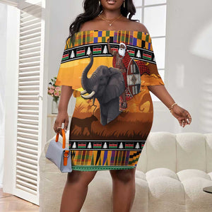Afro Christmas in Kenya Safari Off Shoulder Short Dress Black Santa Riding Elephant - African Pride