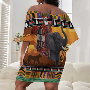 Afro Christmas in Kenya Safari Off Shoulder Short Dress Black Santa Riding Elephant - African Pride