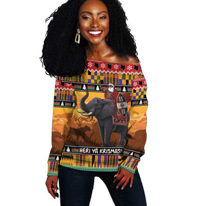 Afro Christmas in Kenya Safari Off Shoulder Sweater Black Santa Riding Elephant - African Pride