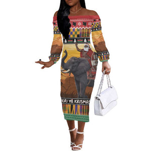 Afro Christmas in Kenya Safari Off The Shoulder Long Sleeve Dress Black Santa Riding Elephant - African Pride