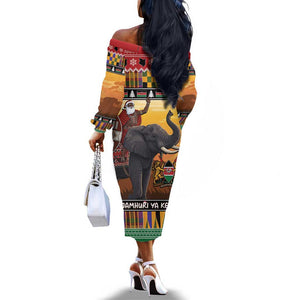 Afro Christmas in Kenya Safari Off The Shoulder Long Sleeve Dress Black Santa Riding Elephant - African Pride