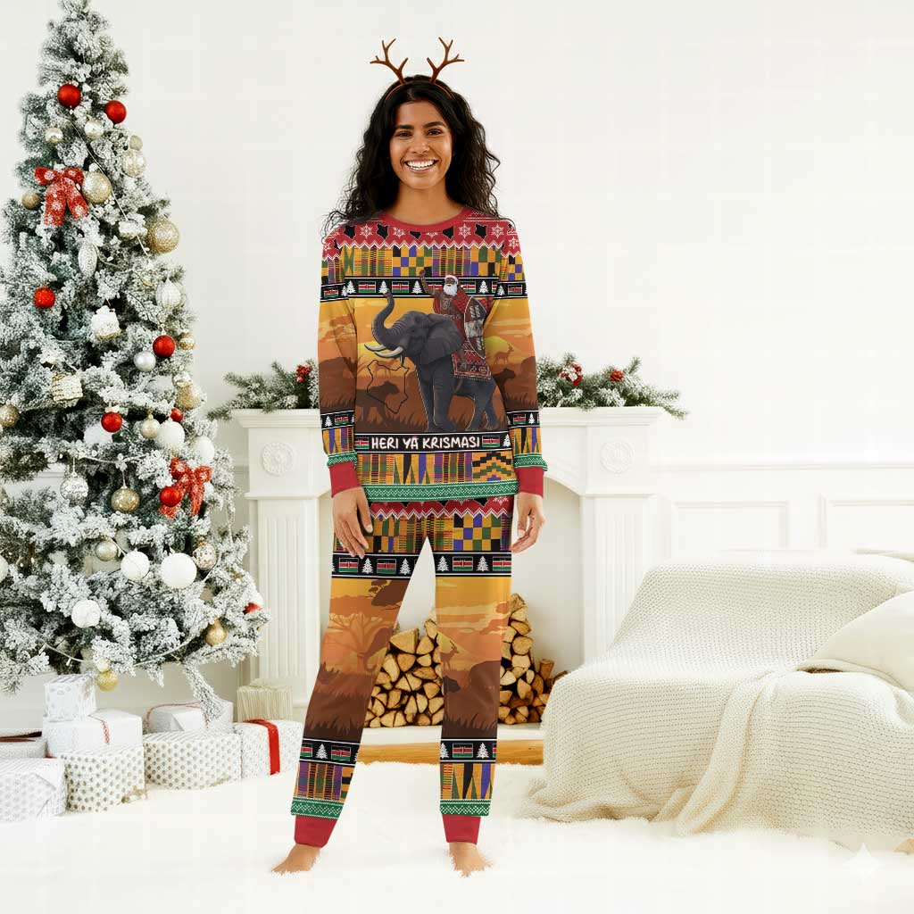 Afro Christmas in Kenya Safari Christmas Pajama Set Black Santa Riding Elephant - African Pride