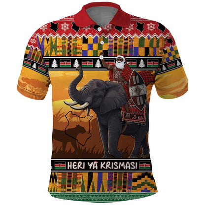 Afro Christmas in Kenya Safari Polo Shirt Black Santa Riding Elephant - African Pride