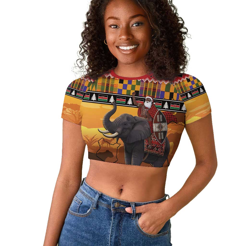 Afro Christmas in Kenya Safari Raglan Cropped T shirt Black Santa Riding Elephant - African Pride