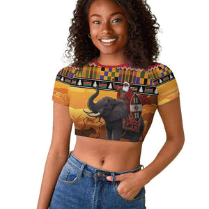Afro Christmas in Kenya Safari Raglan Cropped T shirt Black Santa Riding Elephant - African Pride