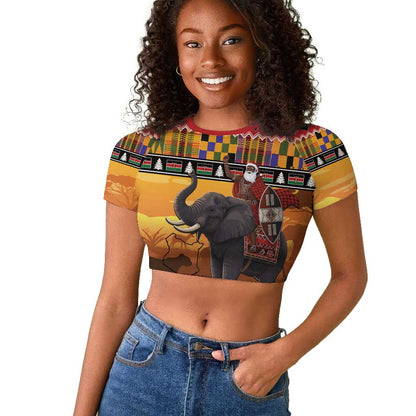 Afro Christmas in Kenya Safari Raglan Cropped T shirt Black Santa Riding Elephant - African Pride