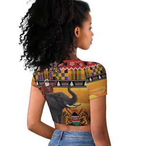 Afro Christmas in Kenya Safari Raglan Cropped T shirt Black Santa Riding Elephant - African Pride