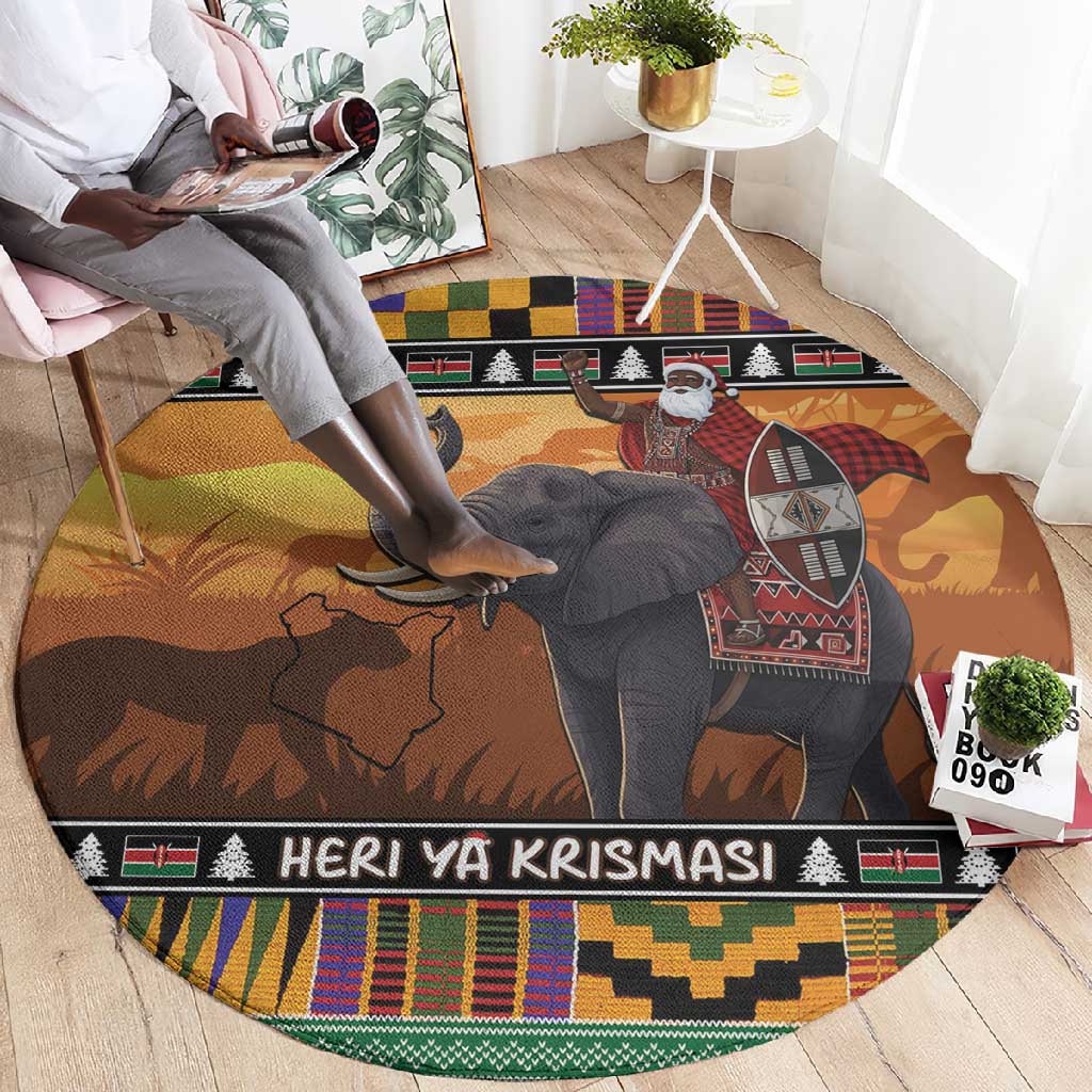 Afro Christmas in Kenya Safari Round Carpet Black Santa Riding Elephant - African Pride