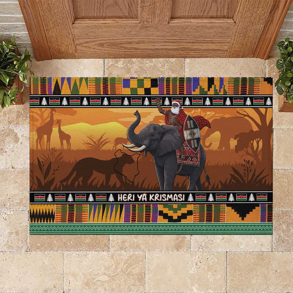 Afro Christmas in Kenya Safari Rubber Doormat Black Santa Riding Elephant - African Pride