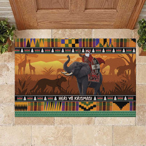 Afro Christmas in Kenya Safari Rubber Doormat Black Santa Riding Elephant - African Pride