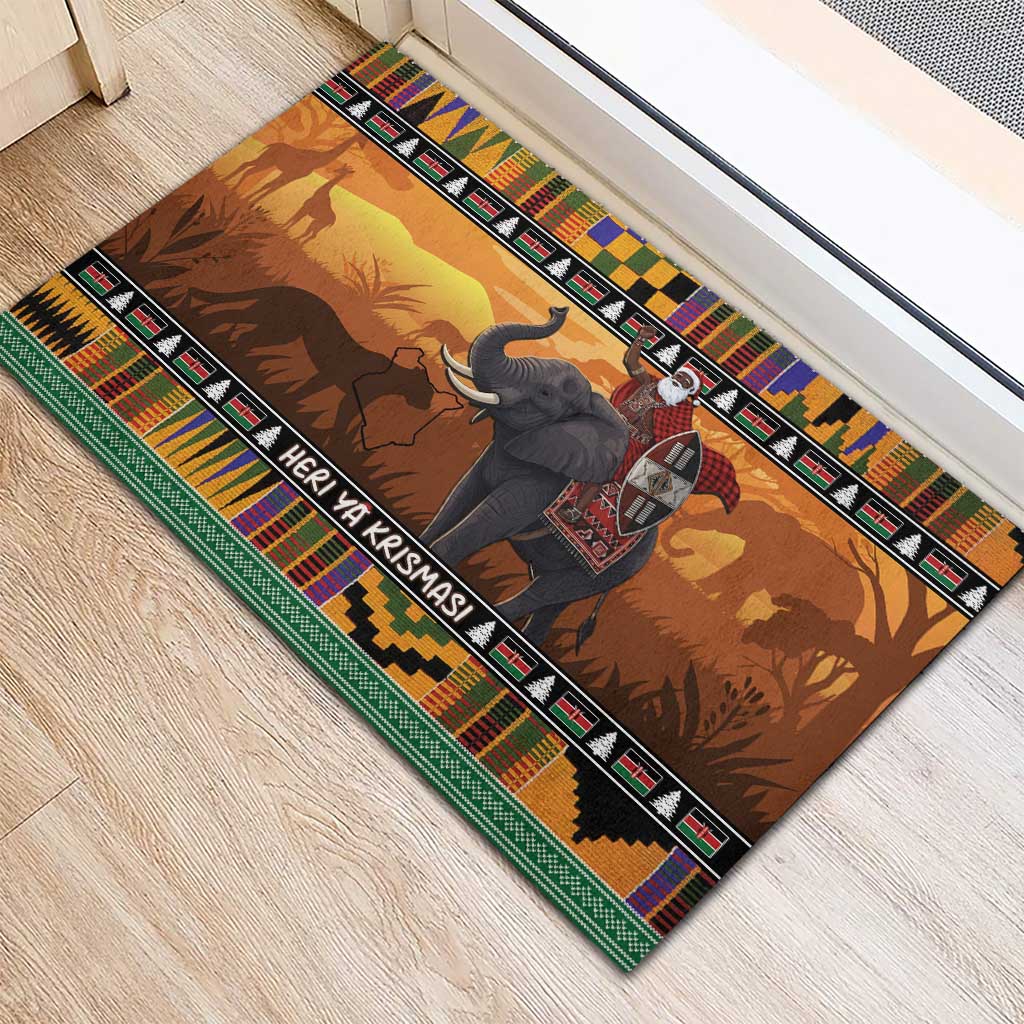 Afro Christmas in Kenya Safari Rubber Doormat Black Santa Riding Elephant - African Pride