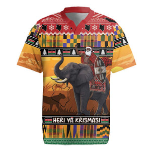 Afro Christmas in Kenya Safari Rugby Jersey Black Santa Riding Elephant - African Pride