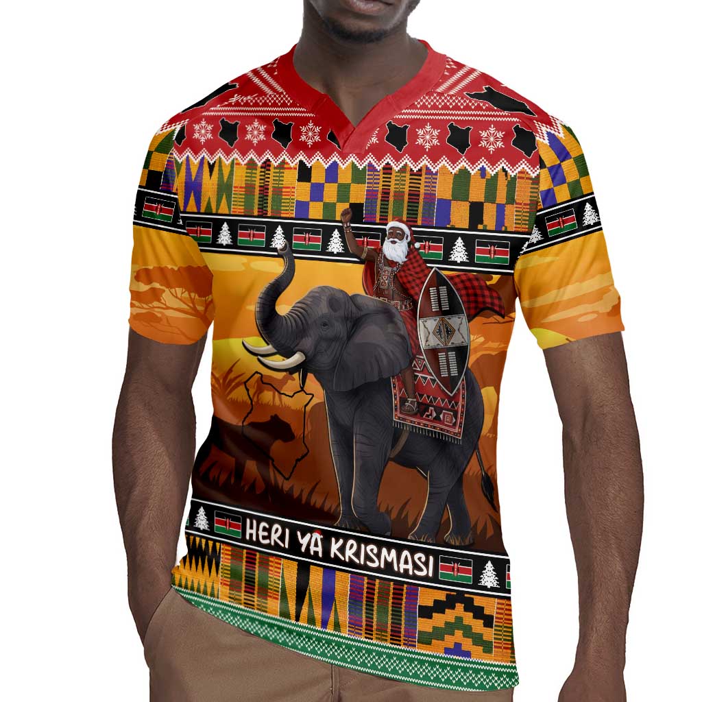 Afro Christmas in Kenya Safari Rugby Jersey Black Santa Riding Elephant - African Pride