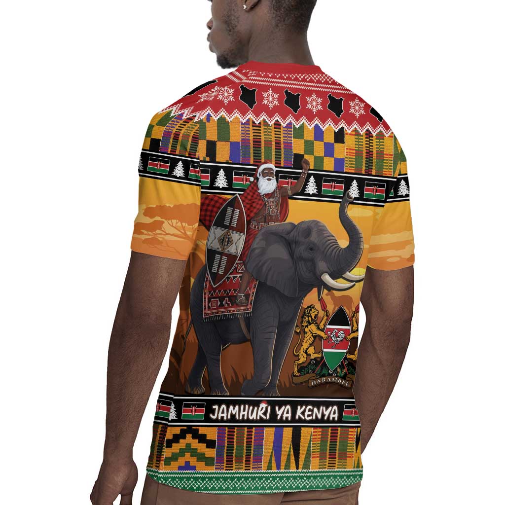Afro Christmas in Kenya Safari Rugby Jersey Black Santa Riding Elephant - African Pride