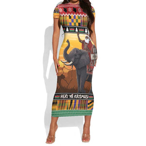 Afro Christmas in Kenya Safari Short Sleeve Bodycon Dress Black Santa Riding Elephant - African Pride