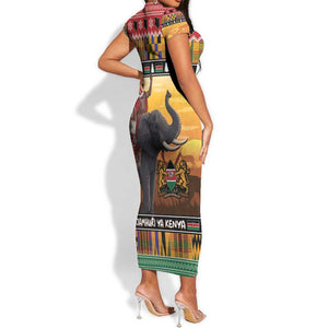 Afro Christmas in Kenya Safari Short Sleeve Bodycon Dress Black Santa Riding Elephant - African Pride