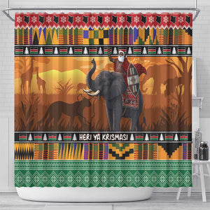 Afro Christmas in Kenya Safari Shower Curtain Black Santa Riding Elephant - African Pride