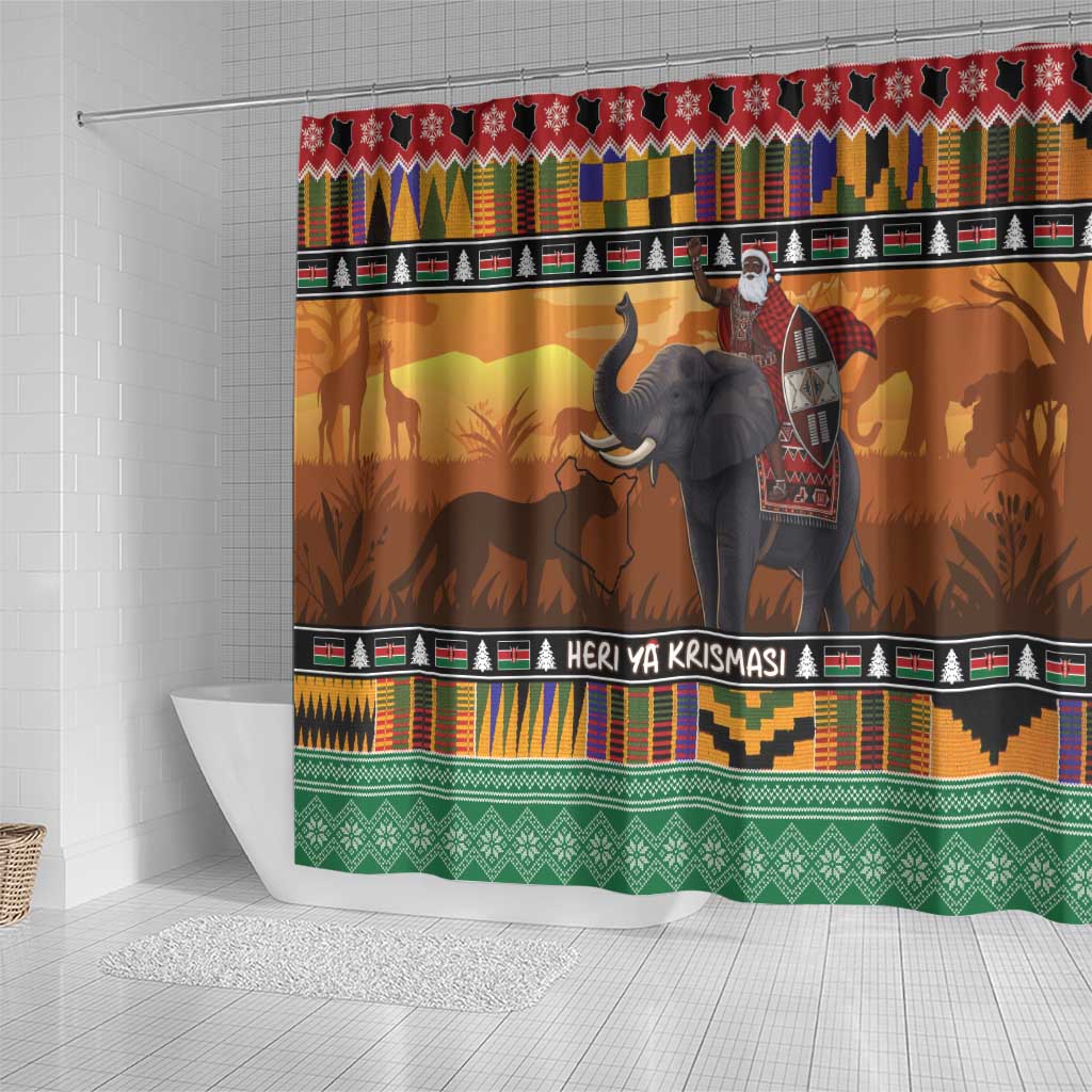 Afro Christmas in Kenya Safari Shower Curtain Black Santa Riding Elephant - African Pride