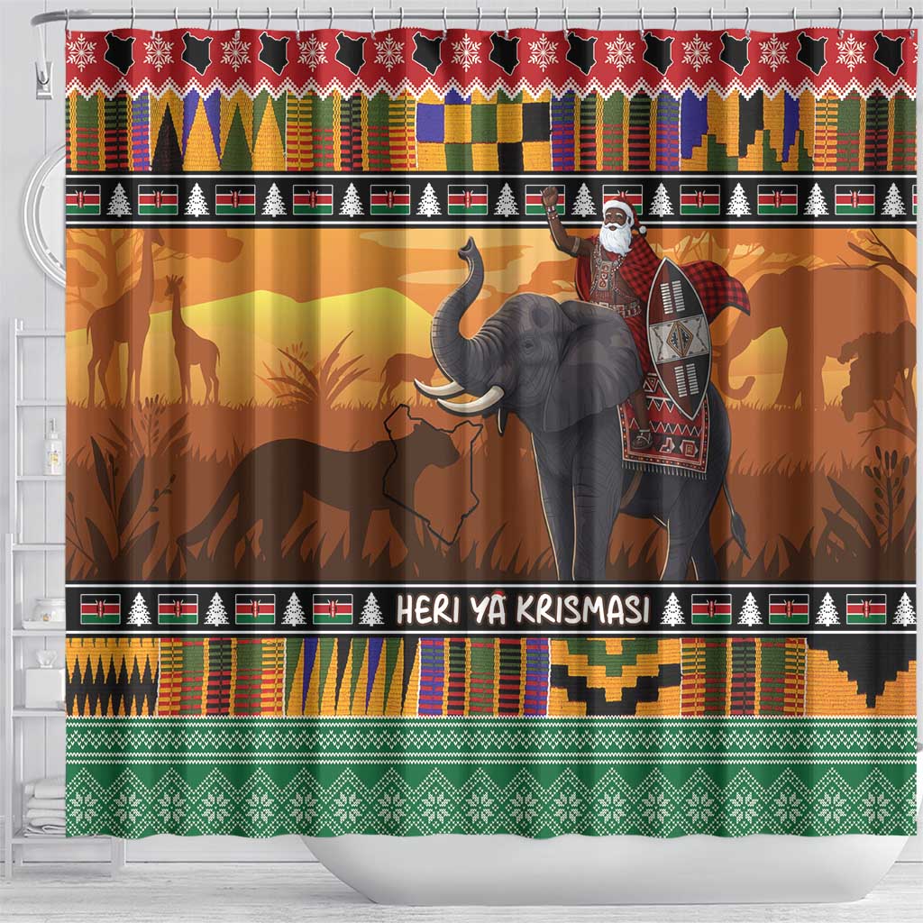 Afro Christmas in Kenya Safari Shower Curtain Black Santa Riding Elephant - African Pride
