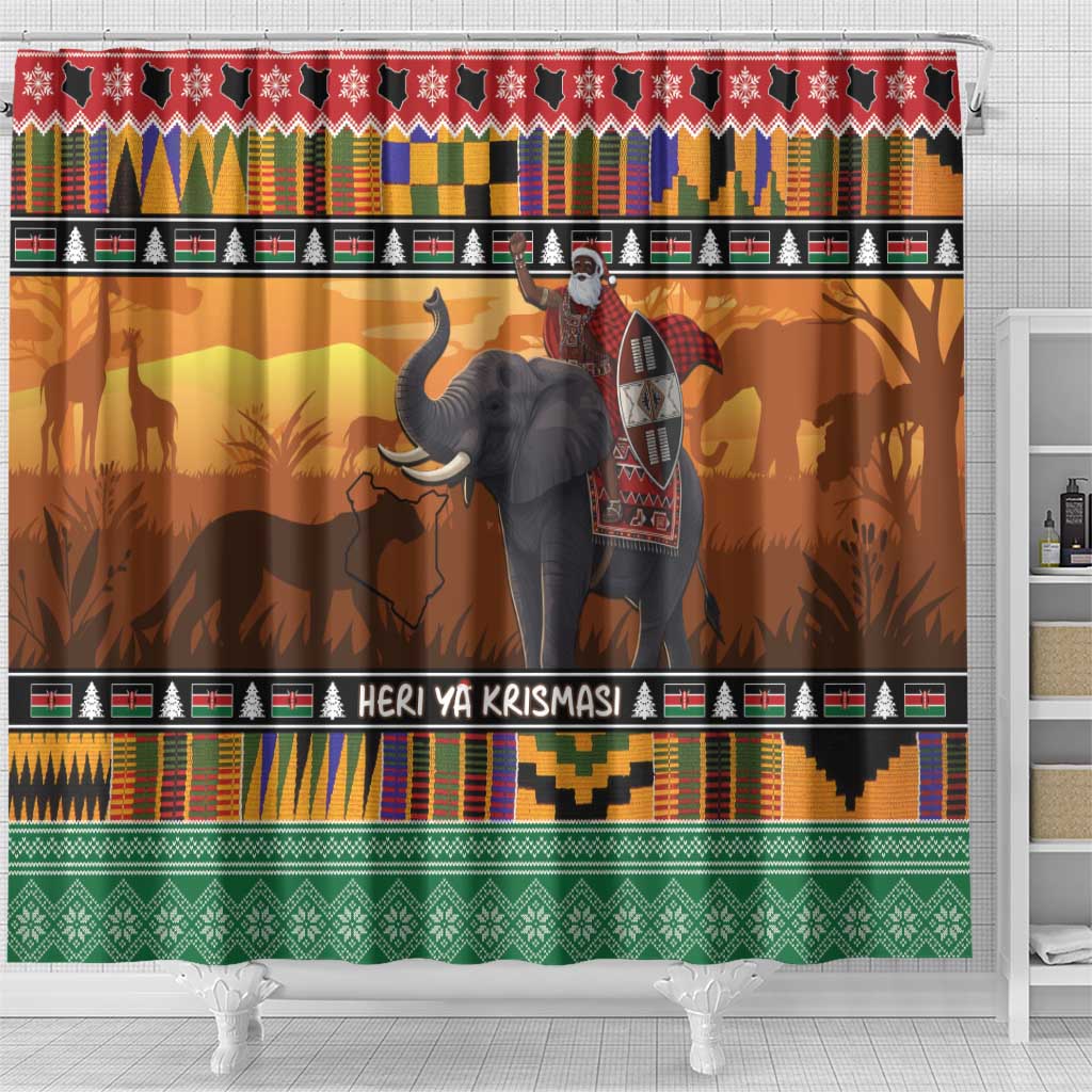 Afro Christmas in Kenya Safari Shower Curtain Black Santa Riding Elephant - African Pride